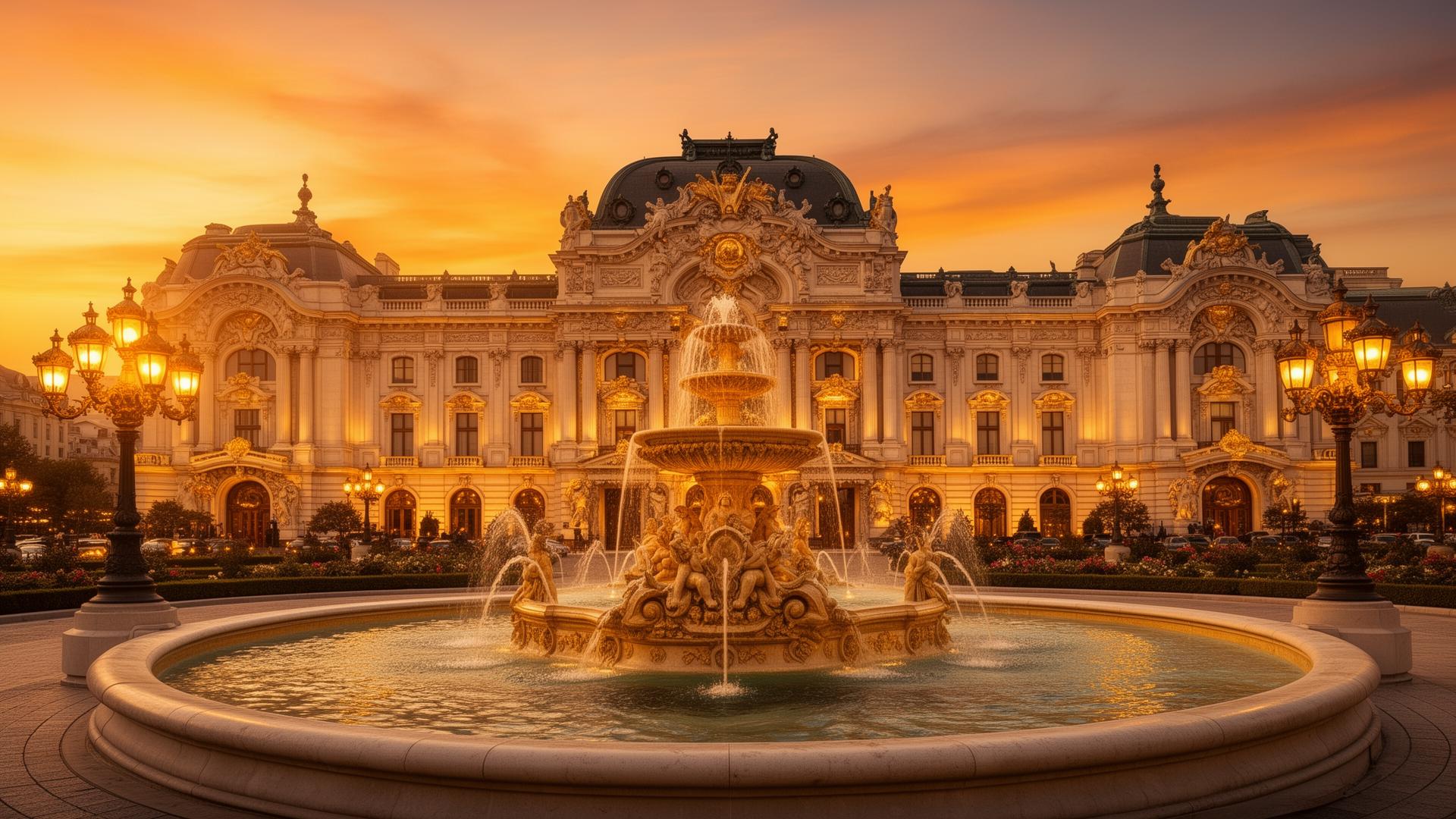 Luxury casino palace at sunset